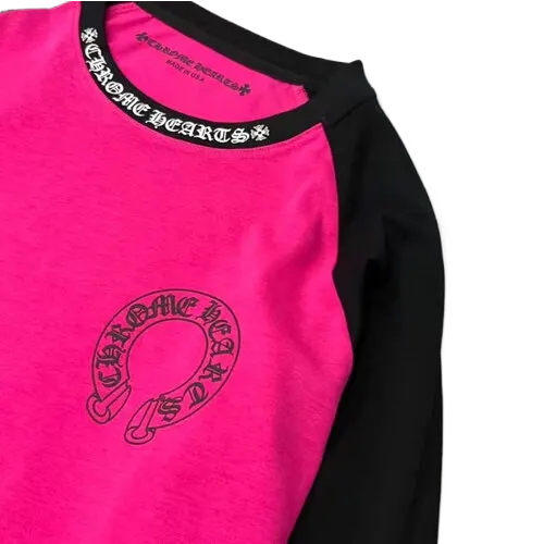 Chrome Hearts White Neck Logo Baseball Long Sleeve Pink Tee