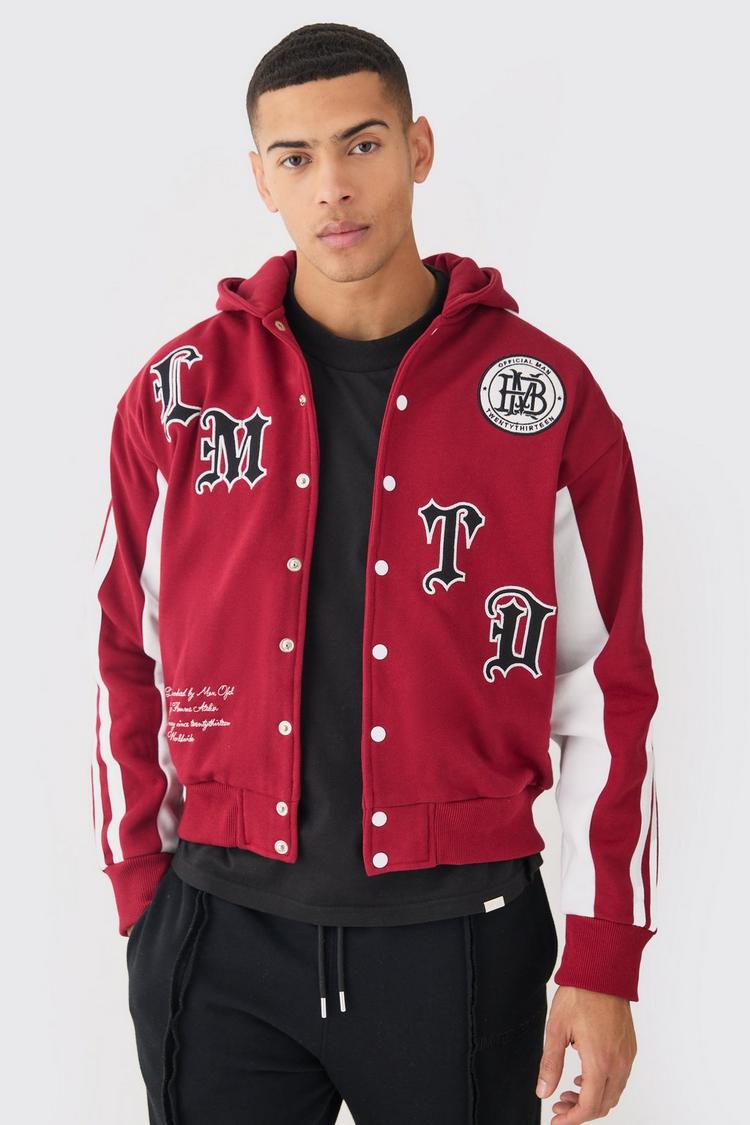 BOXY APPLIQUE TAPE DETAIL JERSEY VARSITY JACKET