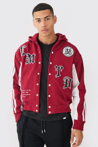 BOXY APPLIQUE TAPE DETAIL JERSEY VARSITY JACKET