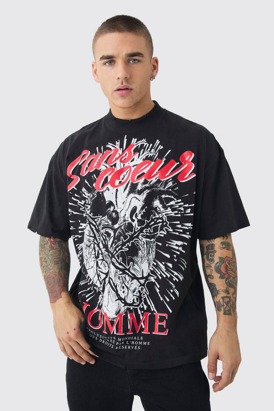 Mens Oversized Extended Neck Heart Graphic T-shirt